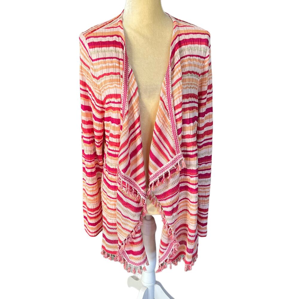 Chicos Cardigan Wave Stripe Tassel Sweater Pink Size 3 XL